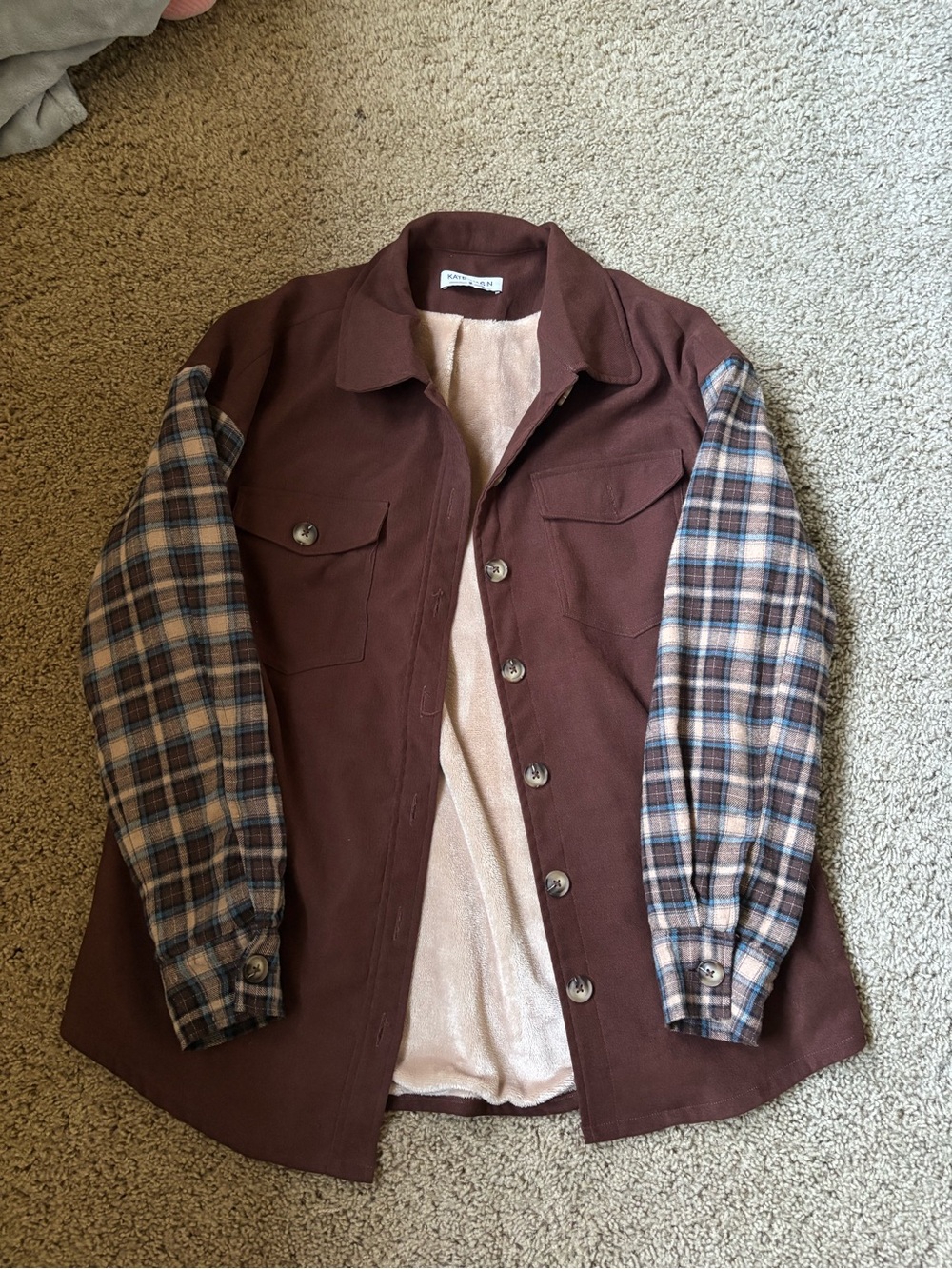 Women's Brown Mixed-Media Jacket with Plaid Sleeves